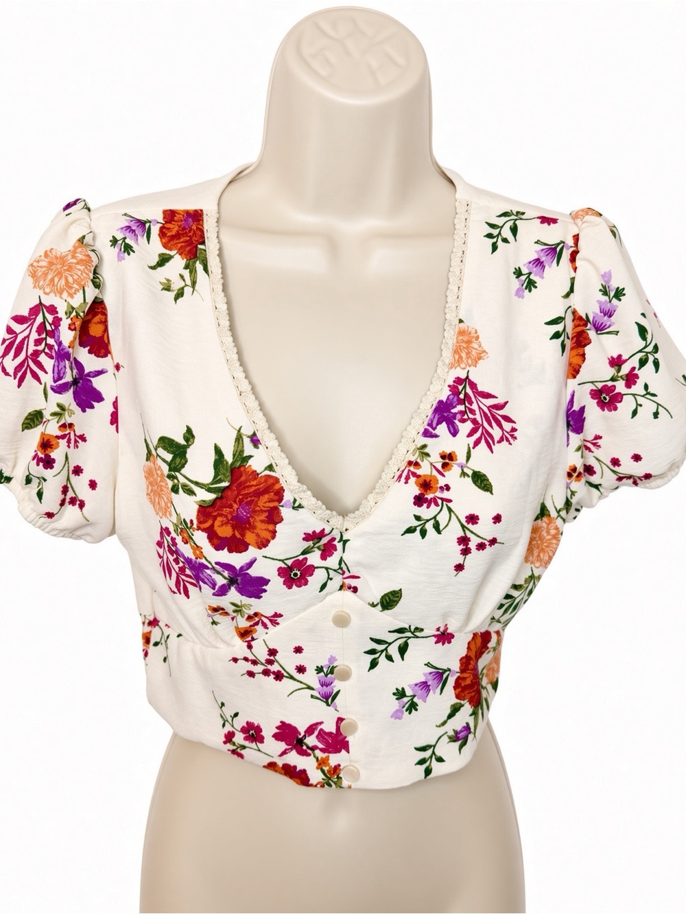 Monteau Los Angeles Floral Crop Top Size S Puff Sleeve V-Neck Cottagecore